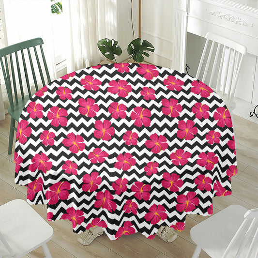 Pink Hibiscus Zigzag Pattern Print Waterproof Round Tablecloth