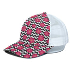 Pink Hibiscus Zigzag Pattern Print White Mesh Trucker Cap