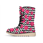 Pink Hibiscus Zigzag Pattern Print Winter Boots