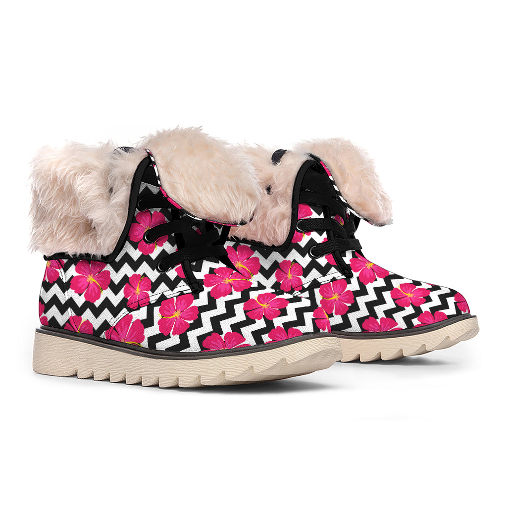 Pink Hibiscus Zigzag Pattern Print Winter Boots