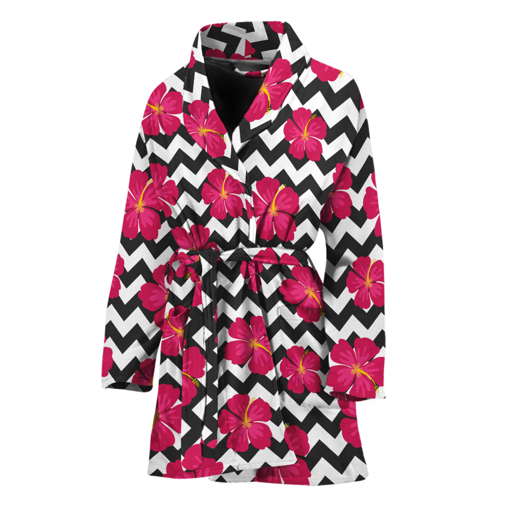 Pink Hibiscus Zigzag Pattern Print Women's Bathrobe
