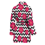 Pink Hibiscus Zigzag Pattern Print Women's Bathrobe
