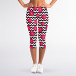 Pink Hibiscus Zigzag Pattern Print Women's Capri Leggings