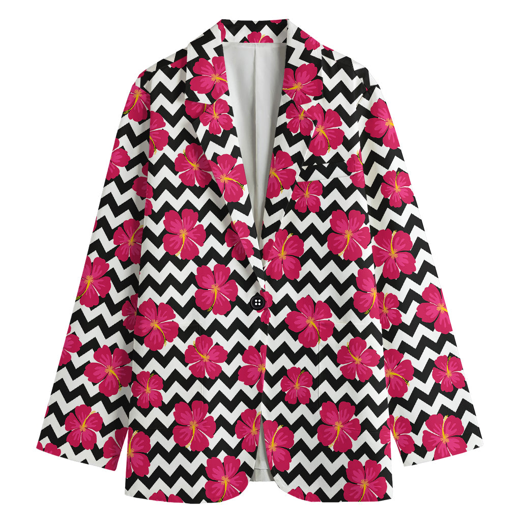 Pink Hibiscus Zigzag Pattern Print Women's Cotton Blazer