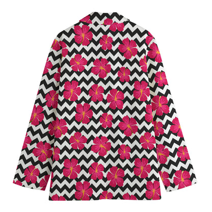 Pink Hibiscus Zigzag Pattern Print Women's Cotton Blazer
