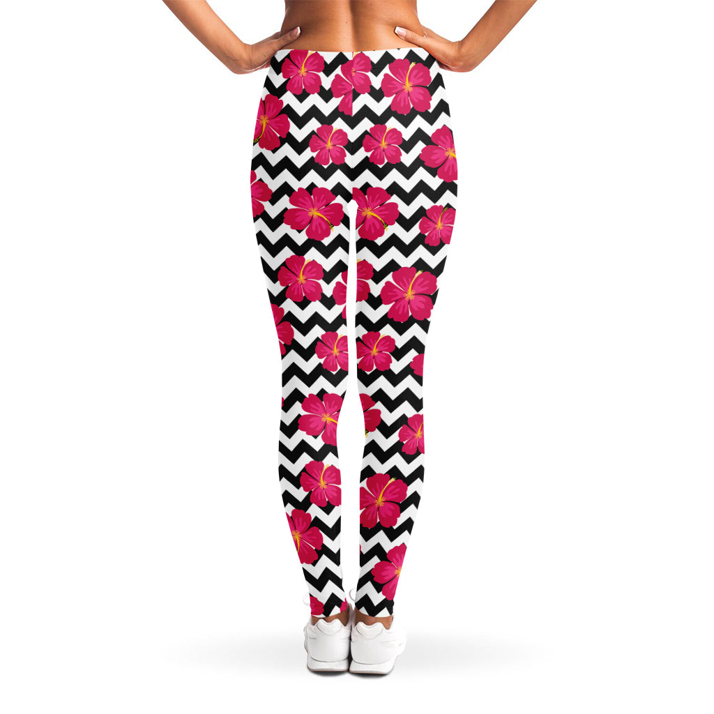 Pink Hibiscus Zigzag Pattern Print Women's Leggings