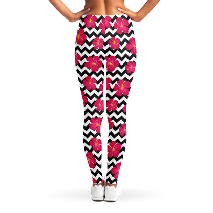 Pink Hibiscus Zigzag Pattern Print Women's Leggings