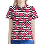 Pink Hibiscus Zigzag Pattern Print Women's Polo Shirt