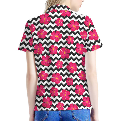 Pink Hibiscus Zigzag Pattern Print Women's Polo Shirt