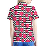 Pink Hibiscus Zigzag Pattern Print Women's Polo Shirt
