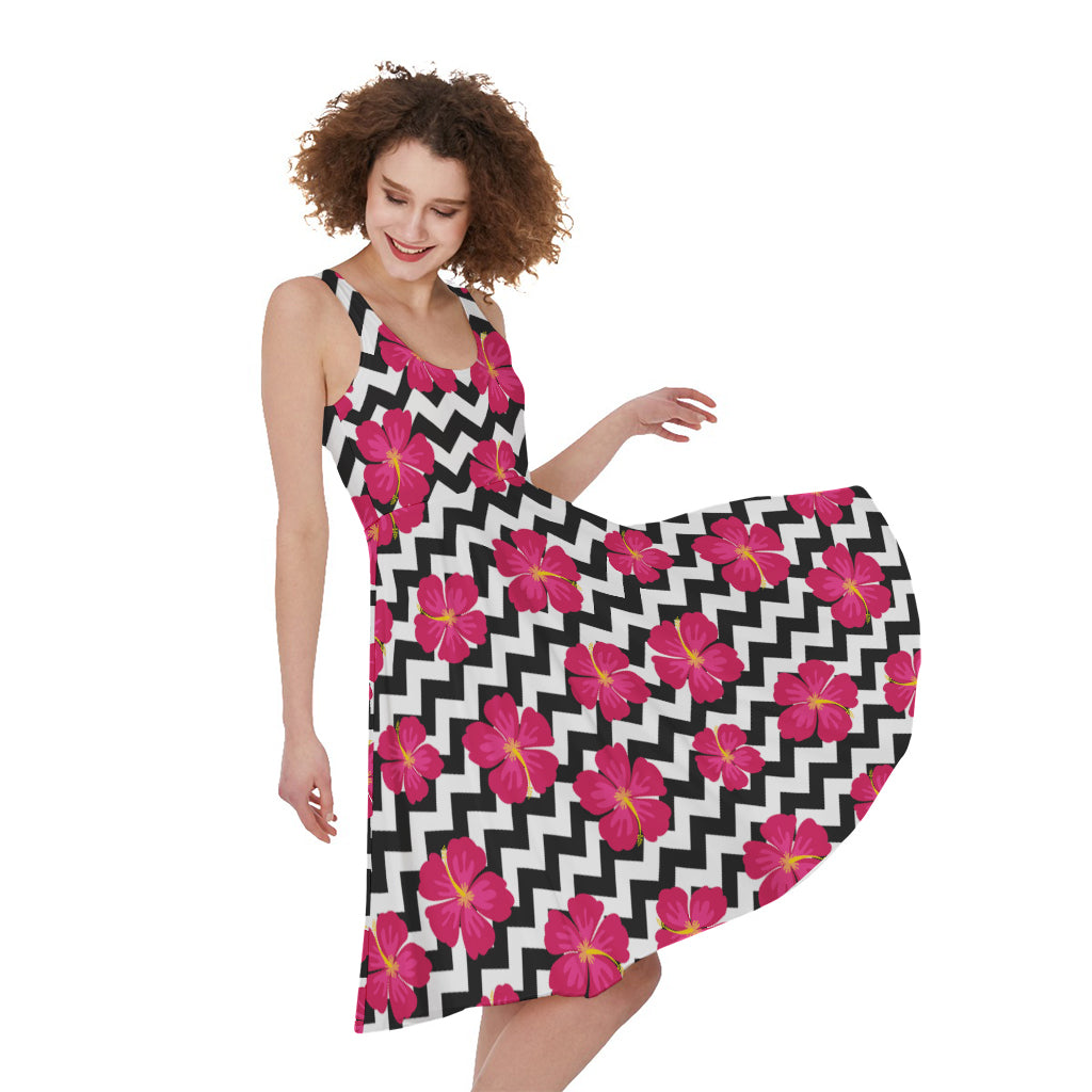 Pink Hibiscus Zigzag Pattern Print Women's Sleeveless Dress