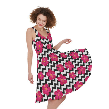 Pink Hibiscus Zigzag Pattern Print Women's Sleeveless Dress