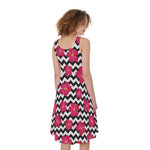 Pink Hibiscus Zigzag Pattern Print Women's Sleeveless Dress
