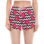 Pink Hibiscus Zigzag Pattern Print Women's Split Running Shorts