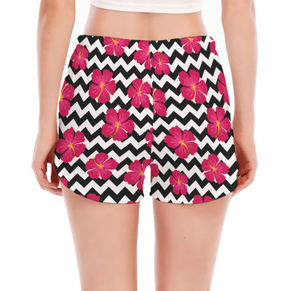 Pink Hibiscus Zigzag Pattern Print Women's Split Running Shorts