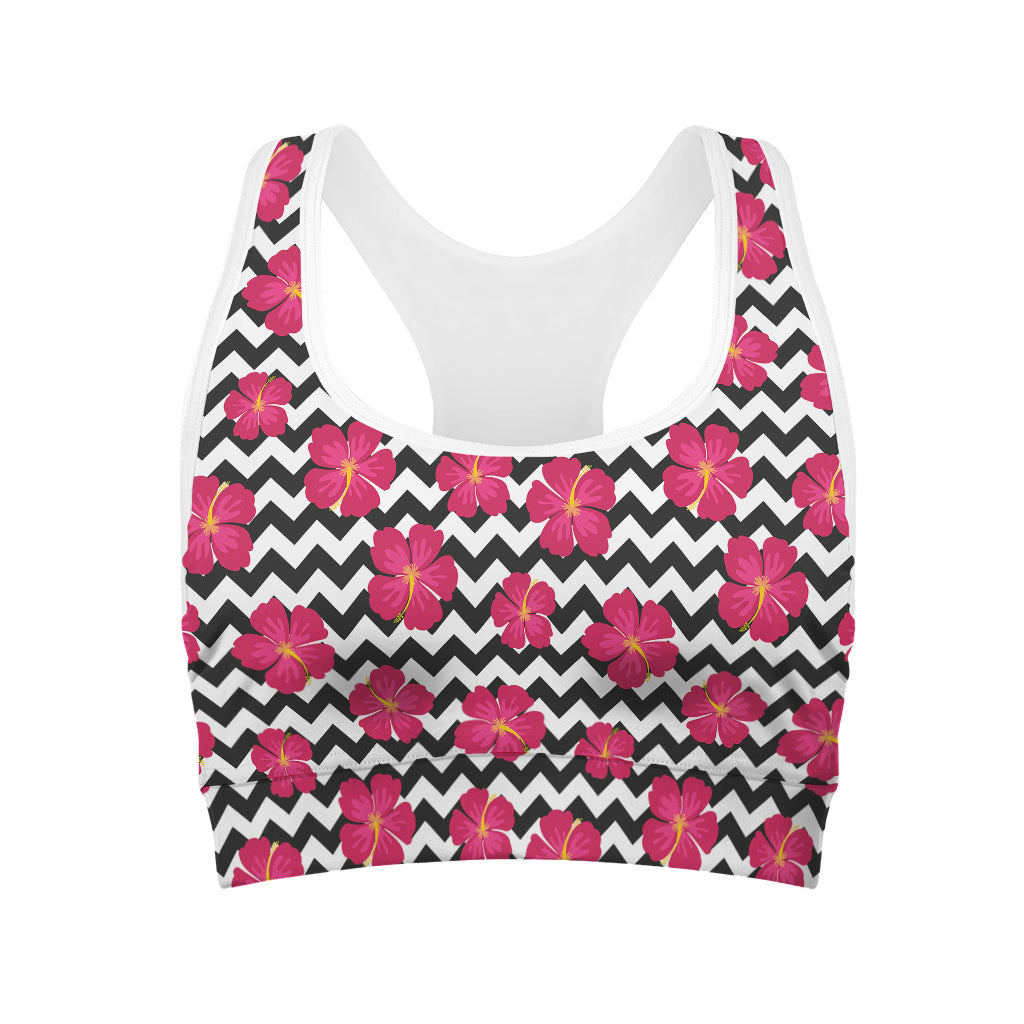Pink Hibiscus Zigzag Pattern Print Women's Sports Bra