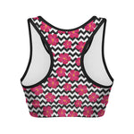 Pink Hibiscus Zigzag Pattern Print Women's Sports Bra