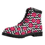 Pink Hibiscus Zigzag Pattern Print Work Boots
