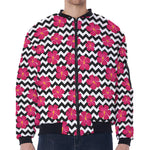 Pink Hibiscus Zigzag Pattern Print Zip Sleeve Bomber Jacket