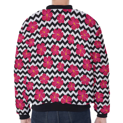 Pink Hibiscus Zigzag Pattern Print Zip Sleeve Bomber Jacket