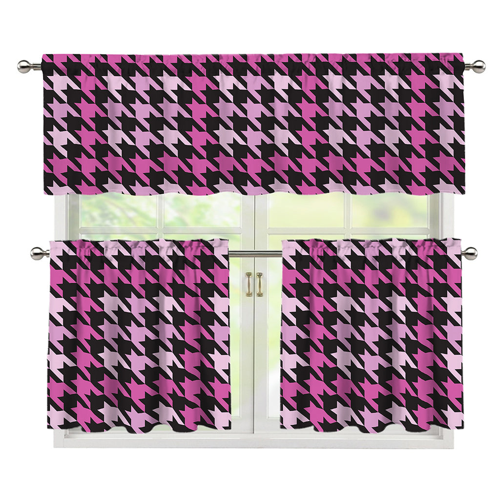 Pink Houndstooth Pattern Print 3 Piece Kitchen Curtains