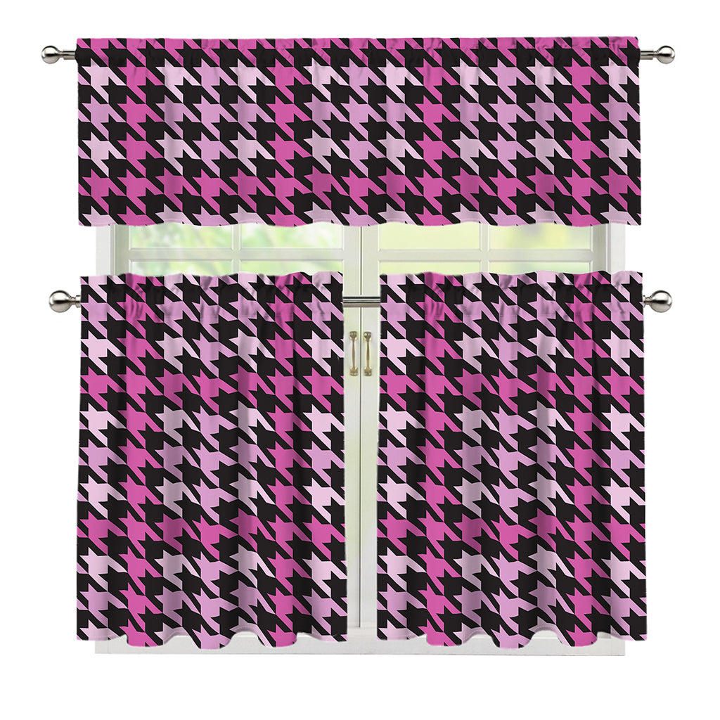 Pink Houndstooth Pattern Print 3 Piece Kitchen Curtains