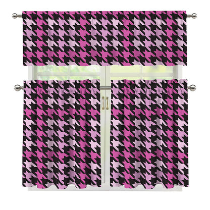 Pink Houndstooth Pattern Print 3 Piece Kitchen Curtains