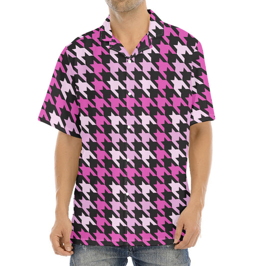 Pink Houndstooth Pattern Print Aloha Shirt
