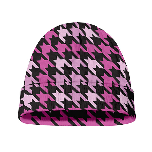 Pink Houndstooth Pattern Print Beanie