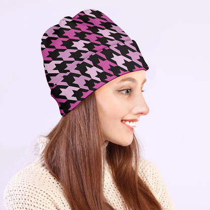 Pink Houndstooth Pattern Print Beanie