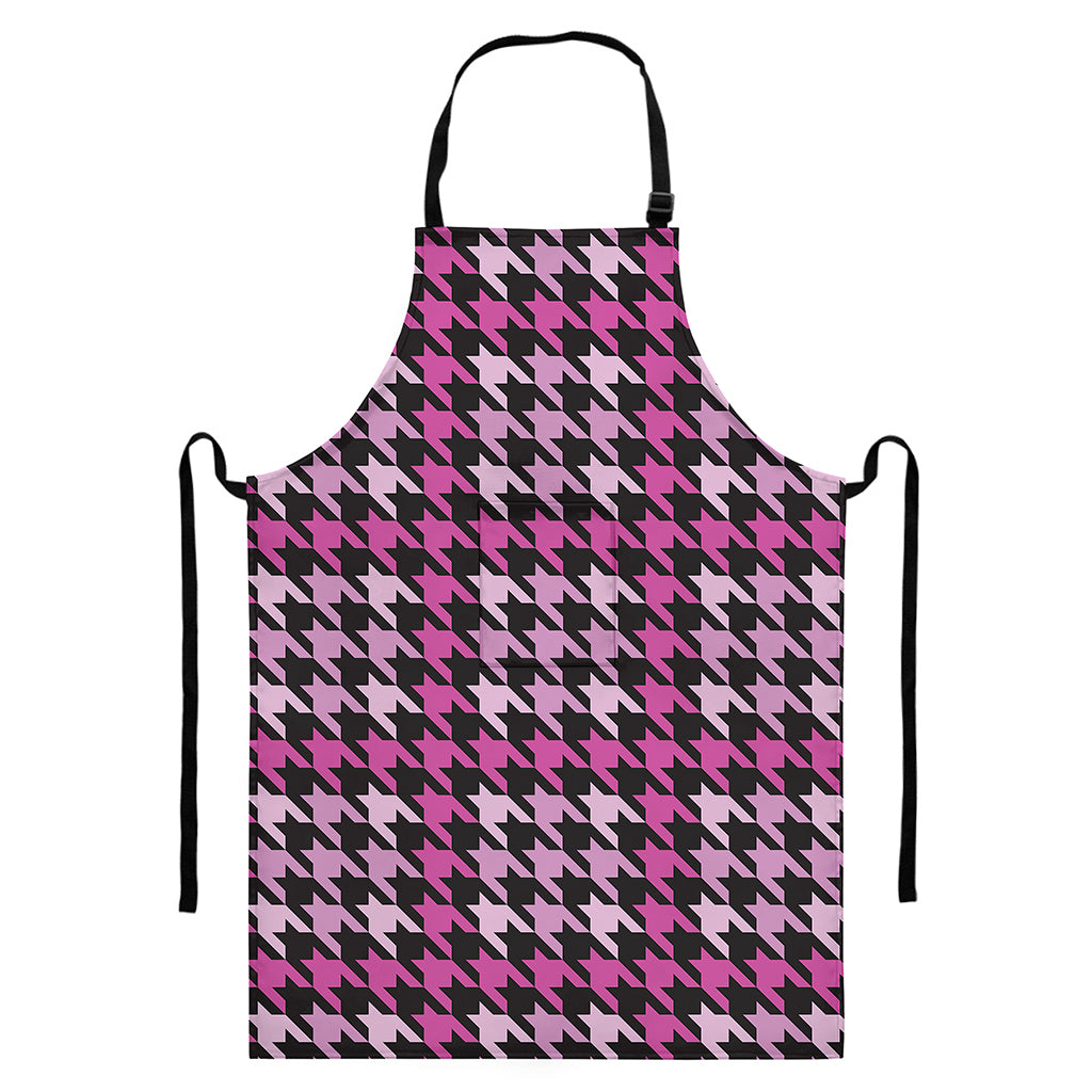 Pink Houndstooth Pattern Print Bib Apron With Pocket