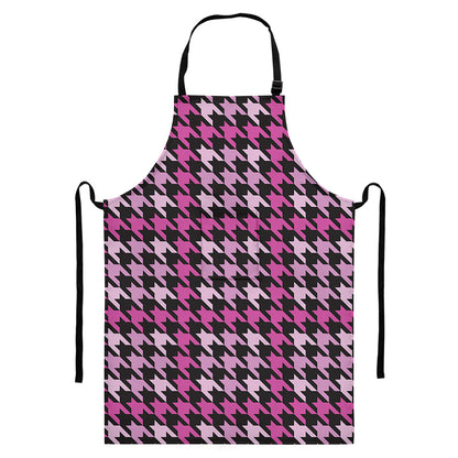 Pink Houndstooth Pattern Print Bib Apron With Pocket