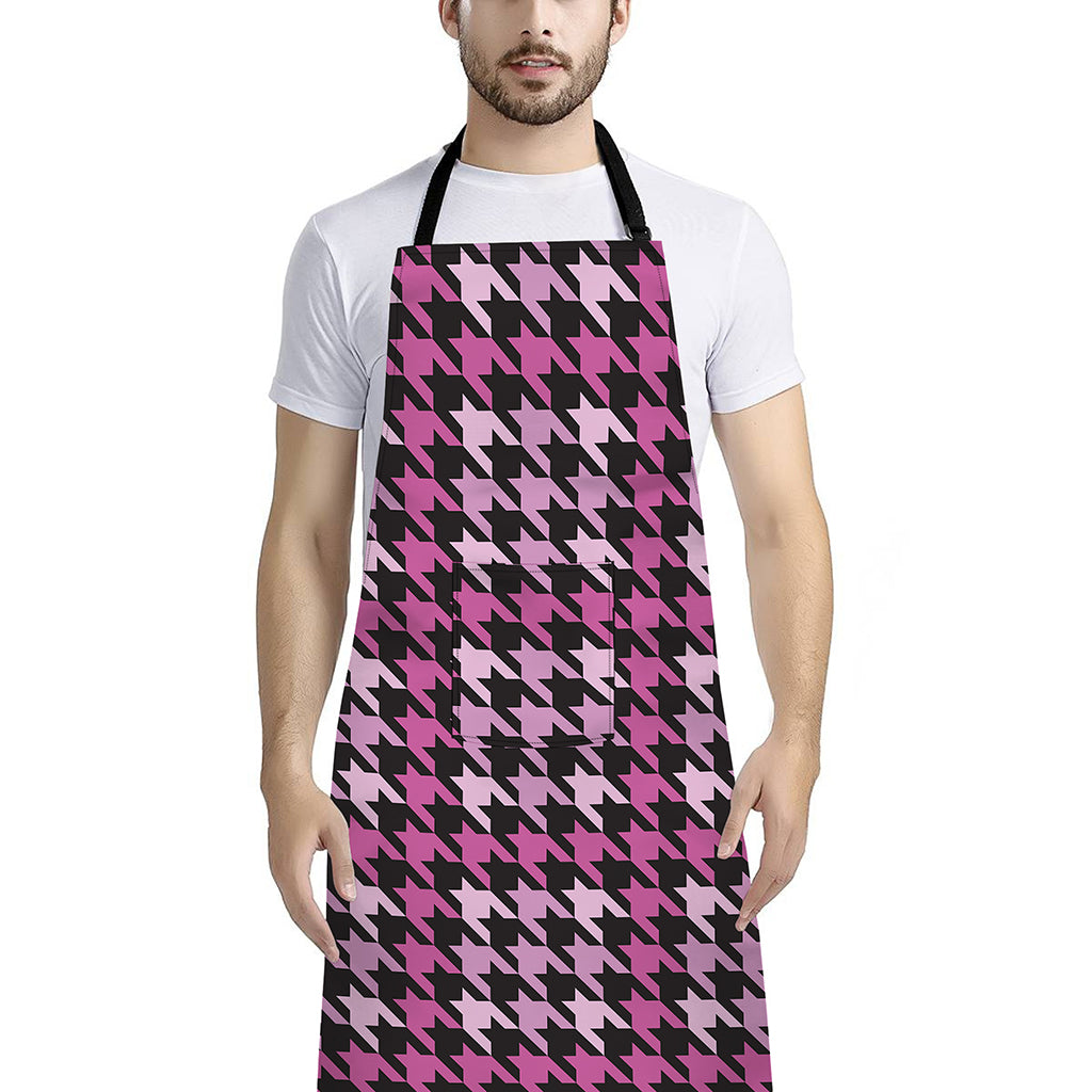 Pink Houndstooth Pattern Print Bib Apron With Pocket
