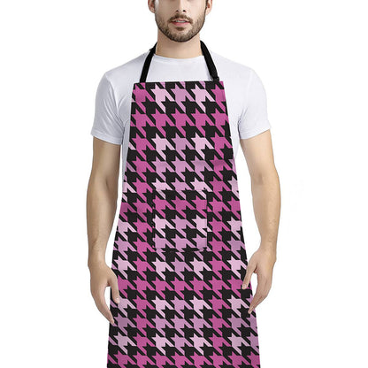 Pink Houndstooth Pattern Print Bib Apron With Pocket