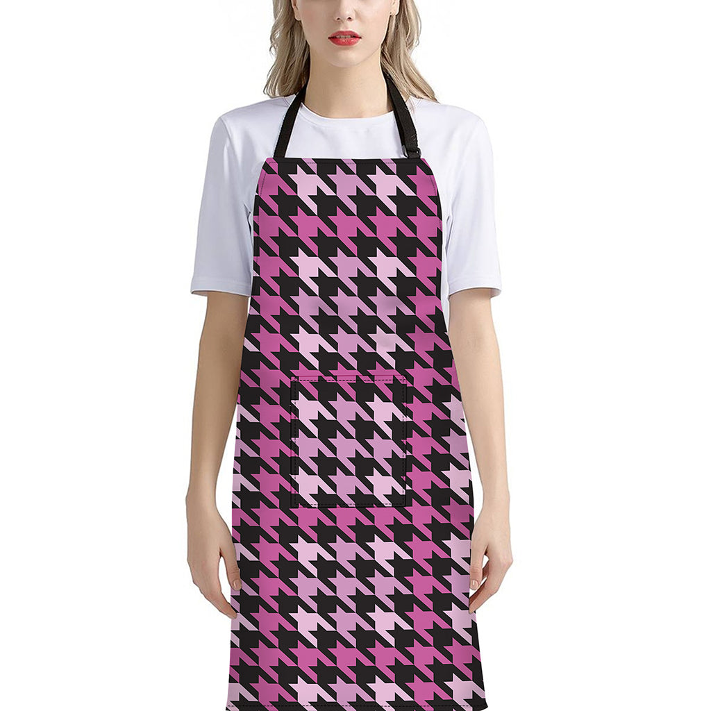 Pink Houndstooth Pattern Print Bib Apron With Pocket