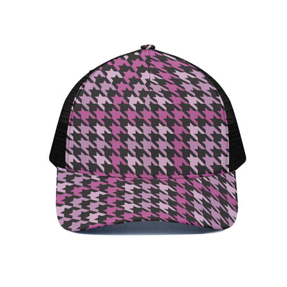 Pink Houndstooth Pattern Print Black Mesh Trucker Cap