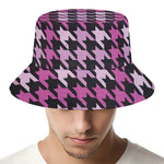Pink Houndstooth Pattern Print Bucket Hat
