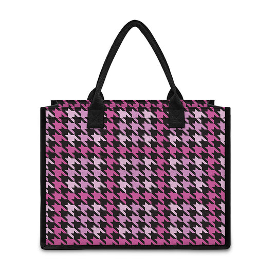 Pink Houndstooth Pattern Print Canvas Tote Bag