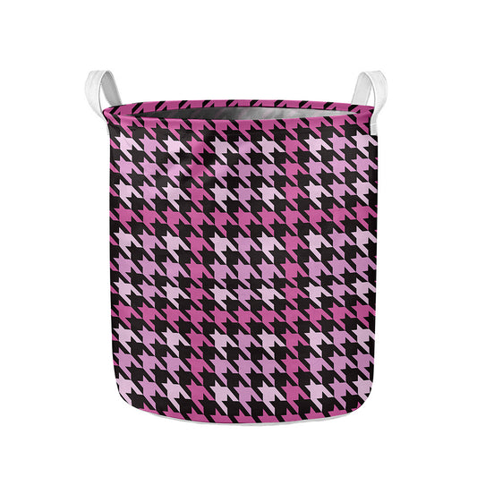Pink Houndstooth Pattern Print Collapsible Laundry Basket