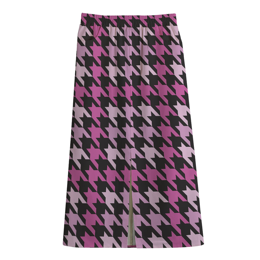 Pink Houndstooth Pattern Print Cotton Front Slit Maxi Skirt