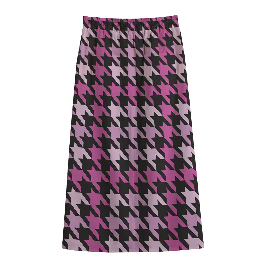 Pink Houndstooth Pattern Print Cotton Front Slit Maxi Skirt