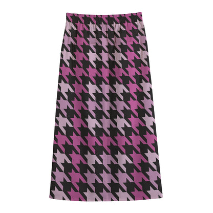 Pink Houndstooth Pattern Print Cotton Front Slit Maxi Skirt