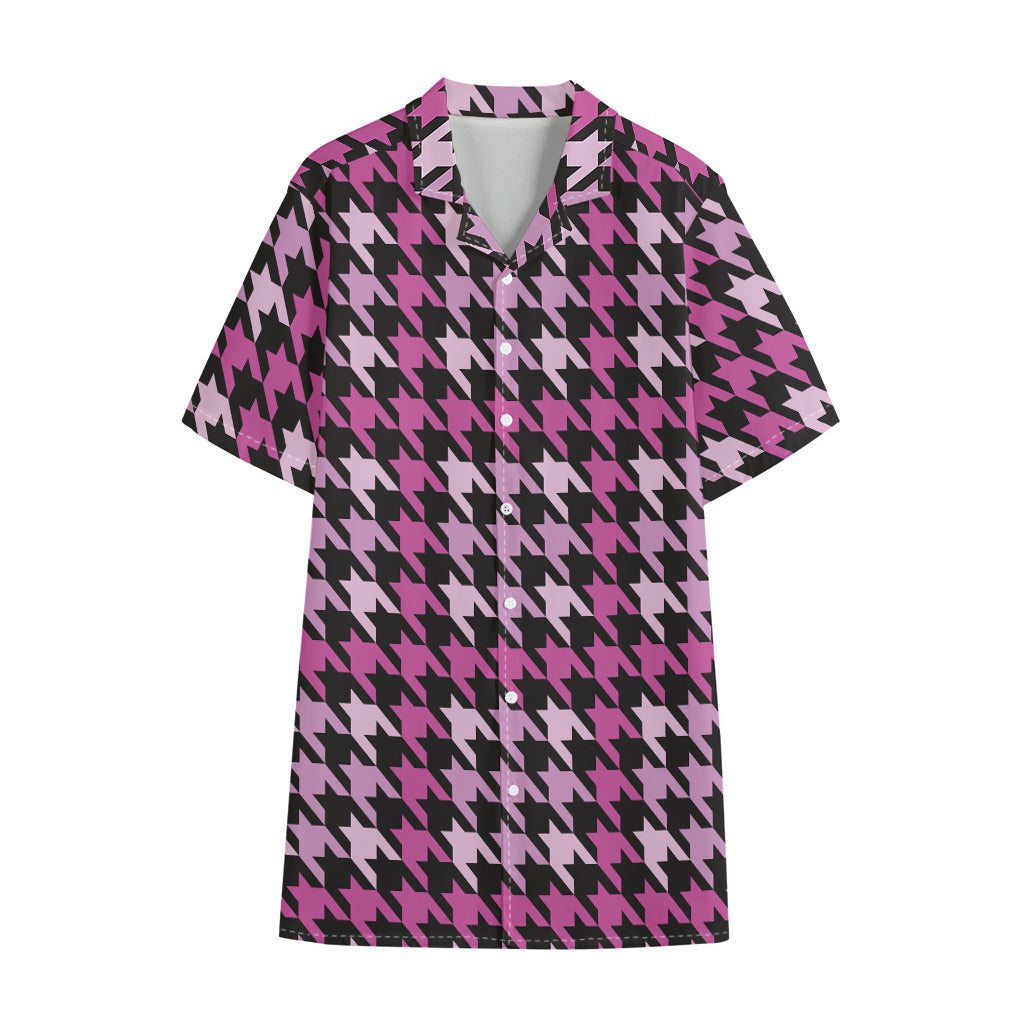 Pink Houndstooth Pattern Print Cotton Hawaiian Shirt