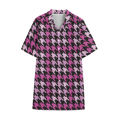 Pink Houndstooth Pattern Print Cotton Hawaiian Shirt