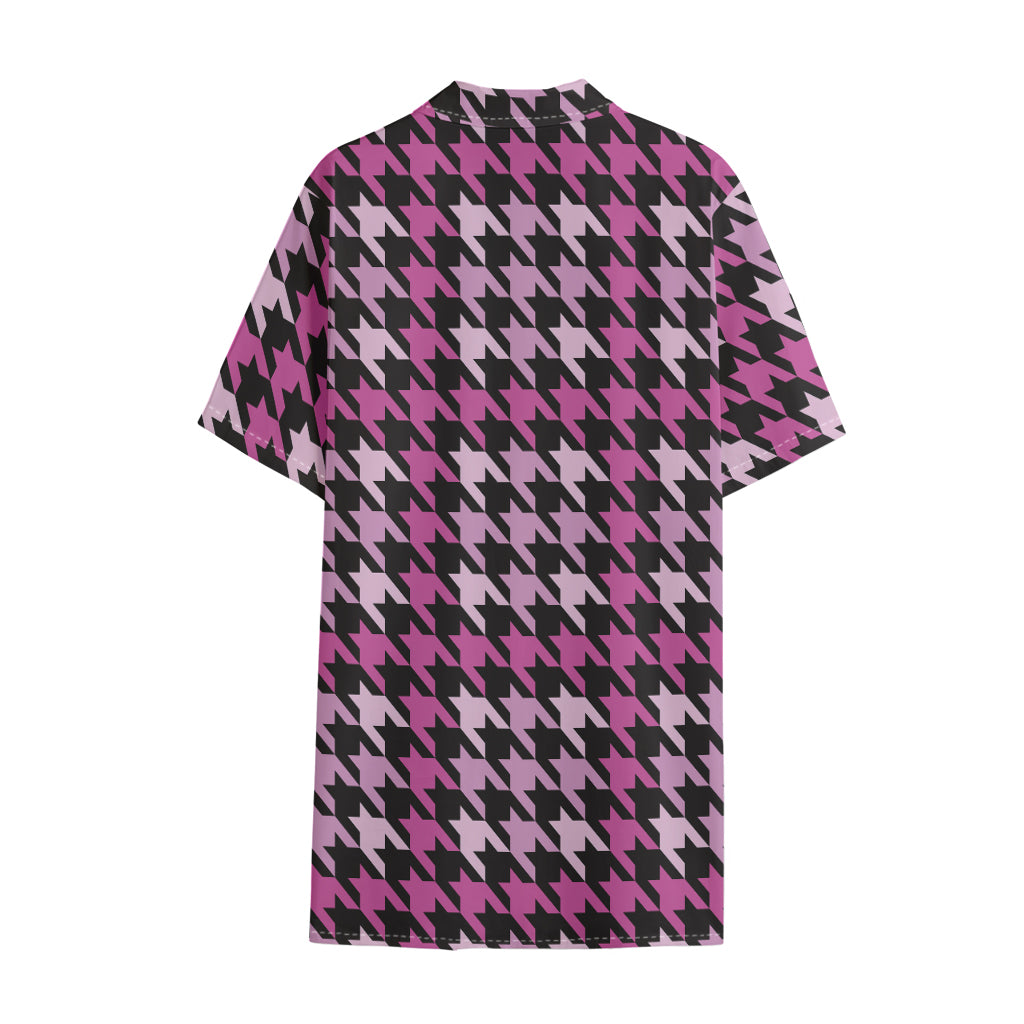Pink Houndstooth Pattern Print Cotton Hawaiian Shirt