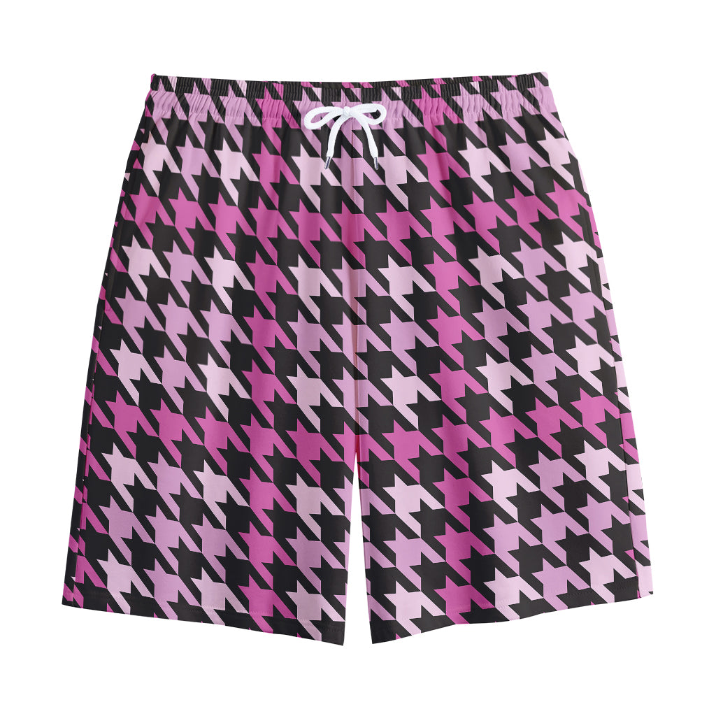 Pink Houndstooth Pattern Print Cotton Shorts