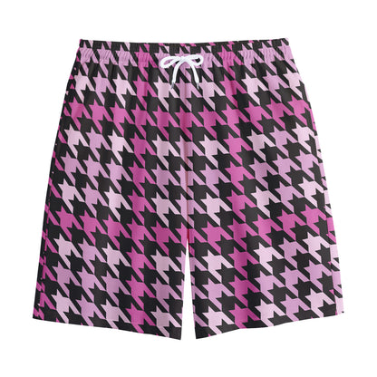 Pink Houndstooth Pattern Print Cotton Shorts