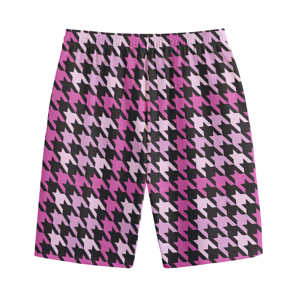Pink Houndstooth Pattern Print Cotton Shorts