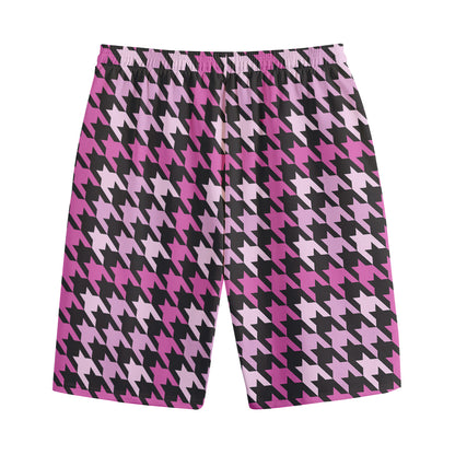Pink Houndstooth Pattern Print Cotton Shorts
