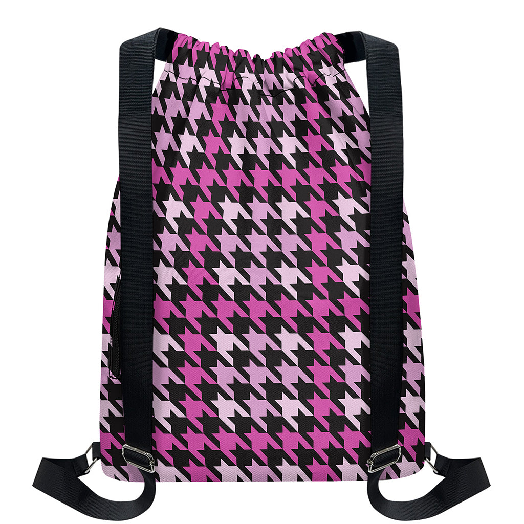 Pink Houndstooth Pattern Print Drawstring Backpack